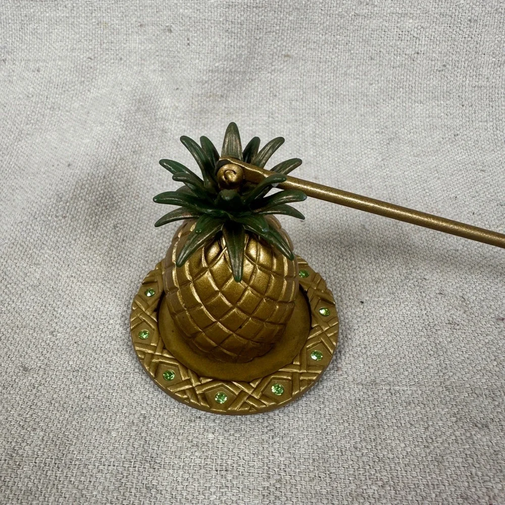 PartyLite Gold Pineapple Candle Snuffer and Base Set‎ Green Rhinestone Accents - Picture 7 of 8